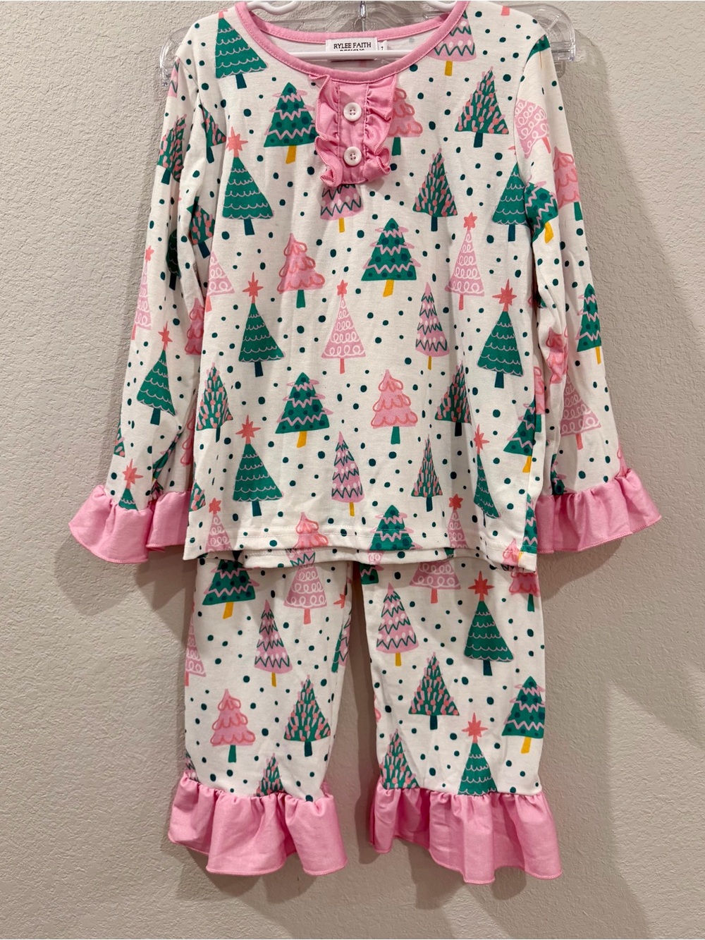Rylee Faith Designs Pink & Green Christmas Trees Ruffle Long Sleeve Pajama Set 7